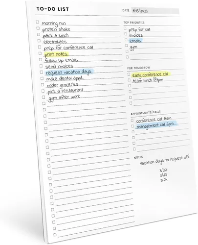 Bloc de notas de la lista de tareas Con múltiples secciones funcionales - Tamaño grande 8.5x11" 52 hojas - Cuaderno planificador diario desprendible