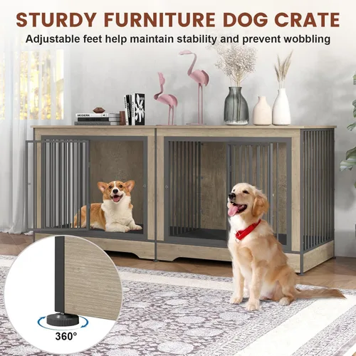 Vista 3 de Yafylly Jaula Doble para Perros de 75 Pulgadas, Mueble de Jaula para Perros de 3 en 1 para Perros Grandes, Resistente Soporte de TV Gris para Perros