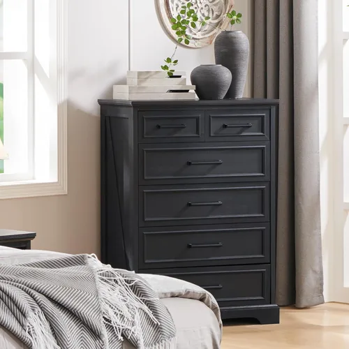 Vista 6 de ACCOHOHO Cómoda de 6 cajones, cómoda estilo granja para dormitorio, cómoda alta de 44" con asas grandes de metal, organizador de cajones de madera