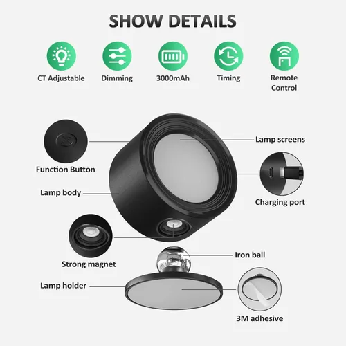 Vista 6 de Lightbiz Luces LED de pared con control remoto, apliques montados en la pared, 3000 mAh, recargable, funciona con batería, 3 temperaturas