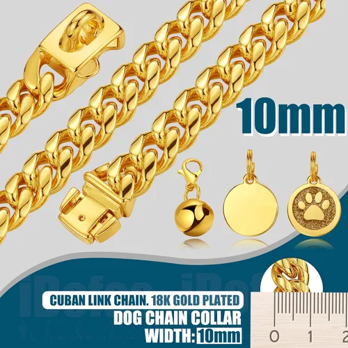 Vista 3 de Collares de cadena para perro, collar de eslabones cubanos con hebilla con campana y placa para perro, acero inoxidable metálico de 10mm, collar