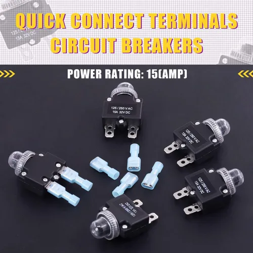 Vista 3 de Swpeet Disyuntor térmico de 30 piezas de 15 amperios con terminales de conexión rápida y tapas de botón impermeables, kit surtido de disyuntores