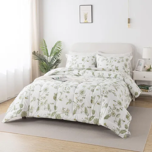 Vista 2 de Lemfux Juego de edredón tamaño King de 3 piezas, reversible, esponjoso, ligero, estilo granja, elegante, estampado de hojas, color blanco, suave