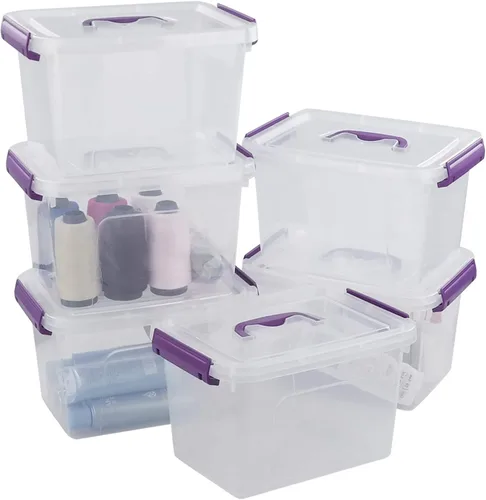 Vista 7 de Contenedor de plástico transparente con tapa, caja de cierre de 6 cuartos de galón con mango morado, 6 paquetes