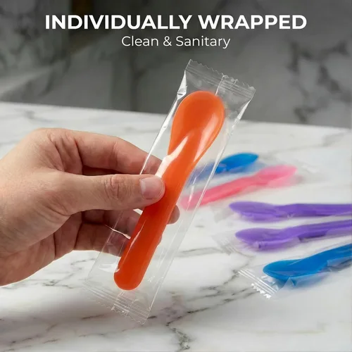Vista 4 de Paquete de 40 cucharas de helado que cambian de color, cucharas de plástico resistentes de 5.15 pulgadas, envueltas individualmente, cautivadores