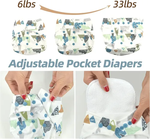 Vista 3 de Pañales de tela para bebé, talla única, ajustables, lavables, reutilizables, pañales de bolsillo para bebés niñas y niños, 5 paquetes + 5 insertos
