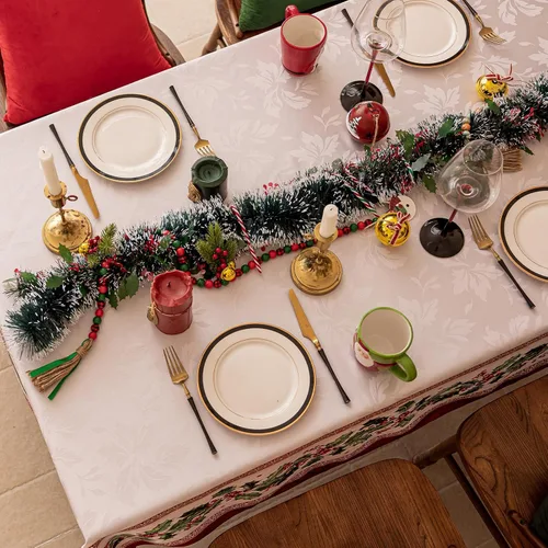 Vista 3 de Softalker Mantel Rectangular de Jacquard de Navidad, Mantel Impermeable Vintage de Invierno con Acebo, Cubierta de Mesa de Tela Estilo Granja