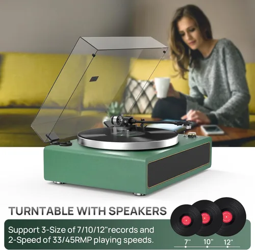 Vista 5 de Tocadiscos con altavoces incorporados, reproductor de discos de vinilo con soporte para reproducción Bluetooth, parada automática, velocidad de 33