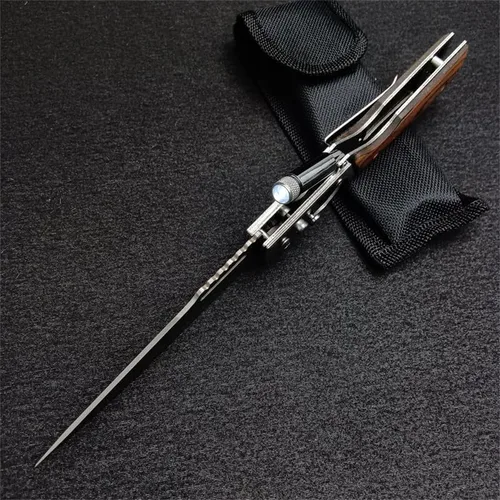Vista 5 de Cuchillo plegable de bolsillo AK47 con cerradura de botón, hoja de acero inoxidable, mango de madera y clip de bolsillo, cuchillo LED portátil