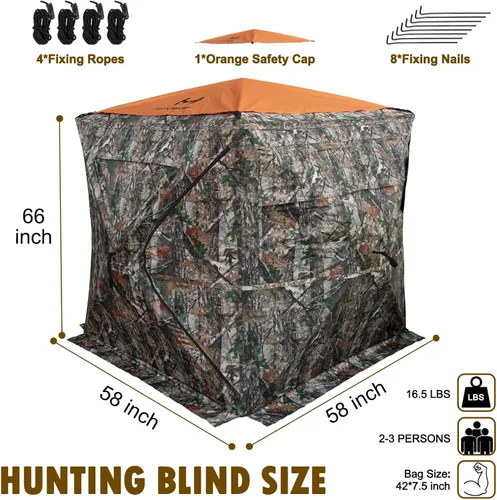 Vista 8 de Hunting Blind for 2-3 Person, See-Through Ground Blind with Silent Zipper and Orange Top, Portable Pop-Up Tent for Deer and Turkey Hunting with