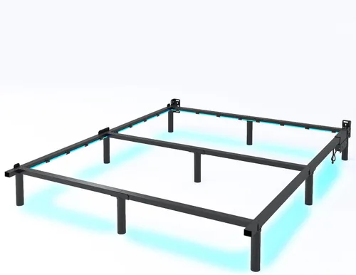 QEROMY Base de cama matrimonial para somier, marco de cama de metal de 7 pulgadas con luces LED, base de cama de soporte de 9 patas, fácil montaje