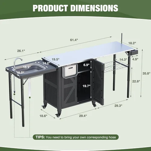 Vista 2 de 3-in-1 Outdoor Grill Cart with Sink & Faucet, Stainless Steel Top Outdoor Kitchen Island, Prep Table with Foldable Side Table, Storage Cabinet