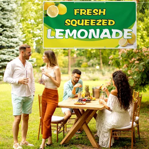 Vista 6 de HunnmingRe Cartel de vinilo de limonada de 2 x 4 pies, soporte de limonada recién exprimida, suministros de bandera de limón para interiores
