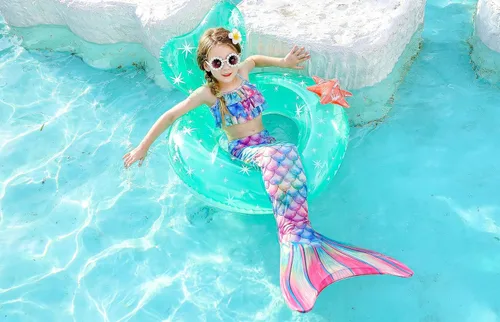 Vista 7 de DNFUN Colas de sirena para nadar para niñas, traje de baño de sirena con monoaleta