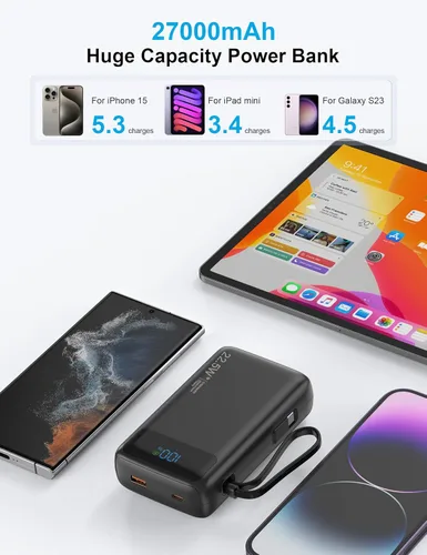 Vista 2 de Cargador portátil de 27000 mAh, banco de energía con cable integrado para iPhone serie 16/15, batería de carga rápida con pantalla LED de entrada