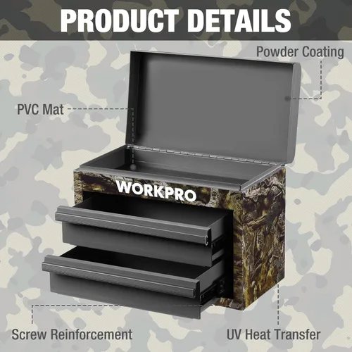 Vista 5 de WORKPRO Caja de herramientas mini de metal, cajón superior que contiene dos cajones con guías de rodamientos de bolas, forros de cajones de PVC