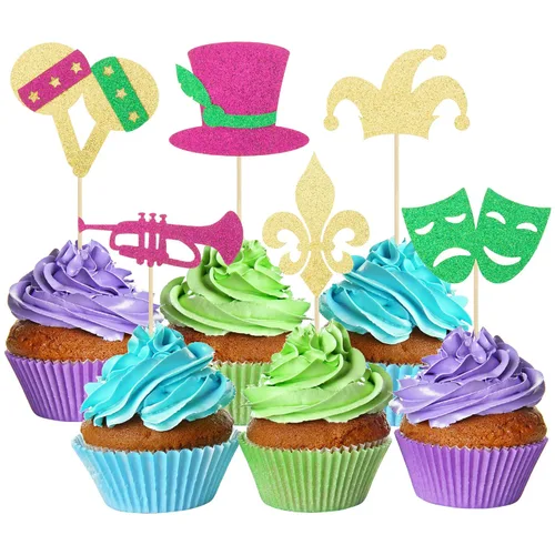 Gyufise Paquete de 24 adornos con purpurina para cupcakes de Mardi Gras, máscara de mascarada, sombrero, decoración para tartas de máscaras, Mardi