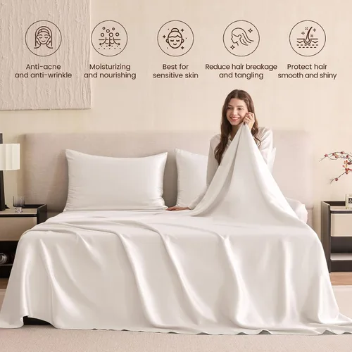 Vista 67 de THXSILK Juego de sábanas de seda de 4 piezas, sábanas de seda de morera 100% natural de grado superior 6A+, juegos de ropa de cama de lujo, ultra