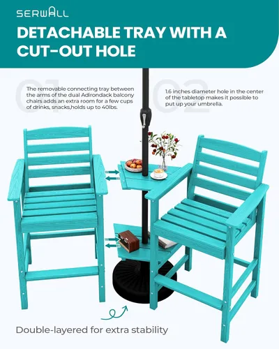 Vista 4 de SERWALL: Juego de 2 sillas Adirondack altas con mesa conectada, taburetes de exterior para todo clima, color azul Aruba