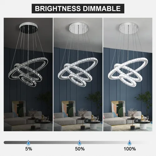 Vista 4 de Buccleuch Moderna araña de cristal, lámpara colgante LED regulable de 3 anillos, lámpara de techo ajustable de acero inoxidable, lámpara de araña