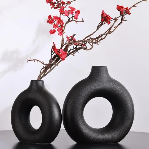Vista 7 de Jarrón de cerámica negro mate para decoración del hogar, juego de 2 jarrones minimalistas con forma de dona, decoración bohemia moderna para centro