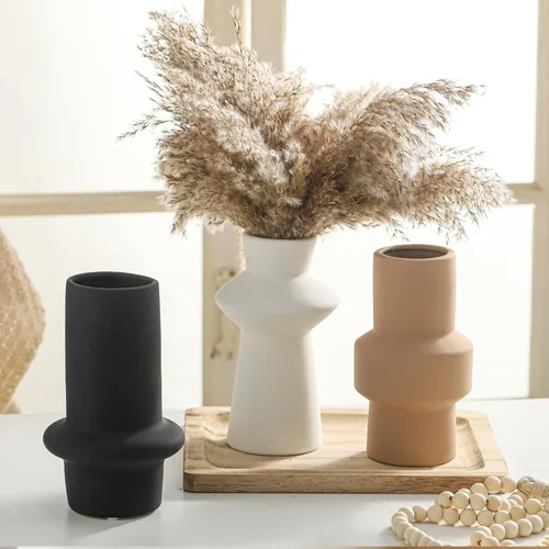Vista 7 de Juego de 3 jarrones de cerámica modernos de 8 pulgadas con líneas geométricas simples para flores frescas secas de hierba de las pampas, decoración