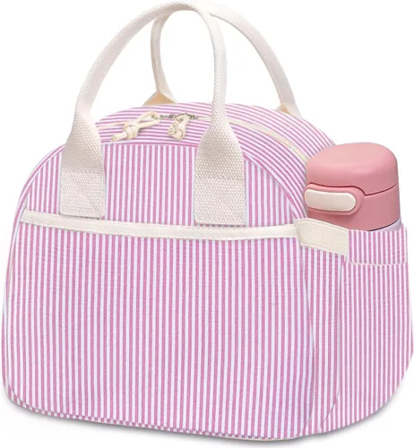 Vista 9 de Carry bloom Lonchera para mujer, lonchera aislada, bonita lonchera de pana reutilizable para el trabajo (1 rayas blancas y negras)