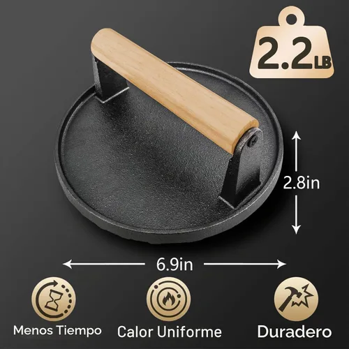Vista 2 de Smash - Prensa de hamburguesa redonda de 6.9 pulgadas, herramienta trituradora de hamburguesas de hierro fundido resistente de 2.2 libras con mango