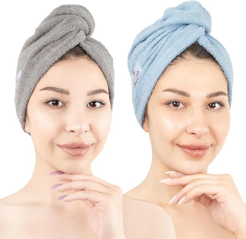 Vista 21 de American Soft Linen Toallas de pelo 100 % algodón para mujer, gorro de toalla de pelo, turbante de algodón para cabello largo y rizado Beige