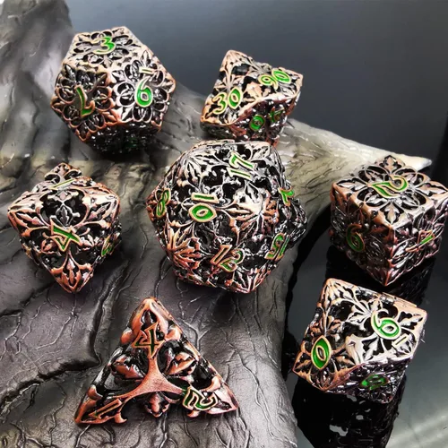 Vista 3 de HAOMEJA Dados de flores de metal hueco DND 7 Set Dados de juego de rol D&D Cobre rojo antiguo