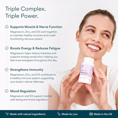 Vista 3 de Bettervits Complejo de glicinato de magnesio con citrato malato zinc y vitamina D3 Suplemento de magnesio puro de 225 mg de alta absorción Fórmula