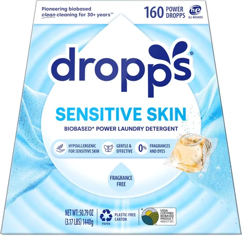 Vista 10 de Dropps Cápsulas de detergente para ropa de piel sensible, Crisp Breeze (64 unidades) - Hipoalergénico y probado por dermatólogos Sin tintes