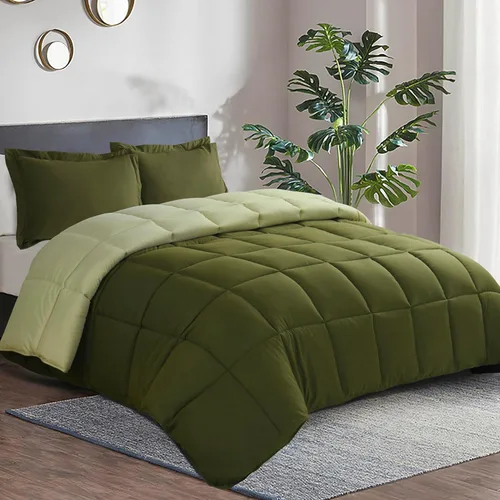 HIG Juego de edredón de 3 piezas, color verde oliva, tamaño Queen, edredón reversible de plumón alternativo para todas las estaciones con dos fundas