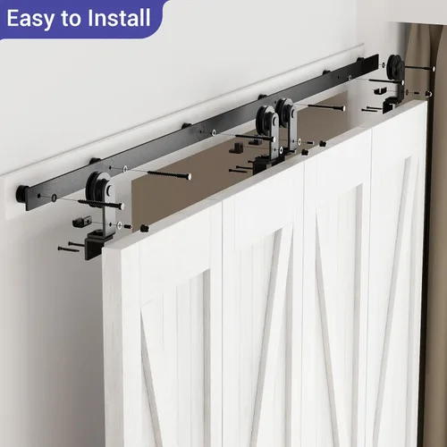 Vista 6 de CCJH Kit de herrajes para puerta corredera de granero plegable de 48 pulgadas para 4 puertas, se desliza suave y silenciosamente, riel negro