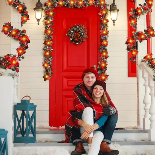 Vista 4 de 2 guirnaldas de flores artificiales de Navidad con purpurina de 6.5 pies, 10 luces LED, guirnalda de flores sintéticas de Navidad con luces, bayas