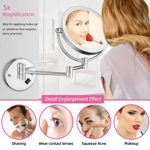Vista 7 de Espejo de maquillaje montado en la pared con botón táctil iluminado, luz LED ajustable sin escalones, doble cara 1X/5x, espejo de tocador giratorio