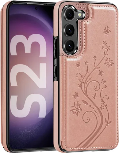 Vista 7 de Korecase Funda de teléfono tipo cartera para Samsung Galaxy S23 con tarjetero, funda de cuero PU floral mariposa - Azul