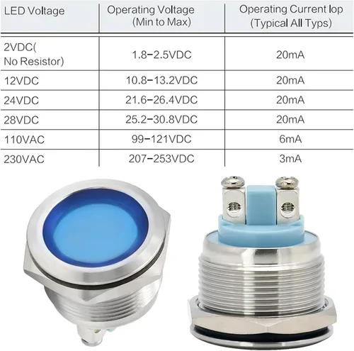 Vista 5 de Luz indicadora 22mm 7/8pulgadas impermeable IP67 de metal de acero inoxidable 304 lámpara de señal 12V-24V LED piloto luz de salpicadero anillo Azul