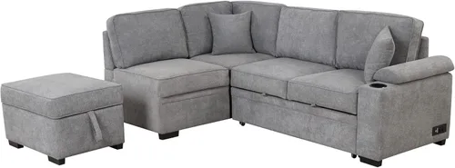 Vista 10 de 84.75 Inch L Shape Sleeper Sofa Bed with Storage Ottoman, 2 in 1 Pull Out Convertible Sectional Couch for Living Room, Bedroom, Small Apartment,Beige