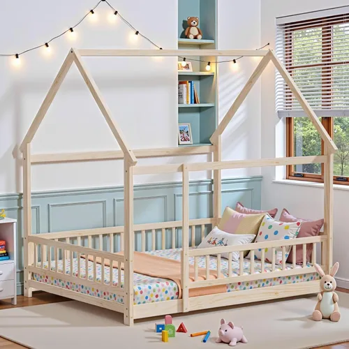 Vista 8 de LLS Base de cama Montessori tamaño individual para piso con listones y valla, cama de casa de madera para dormitorio de niños y niñas