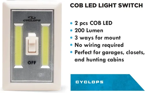Vista 2 de Cyclops COB LED Light Switch - 2 Pack Powerful Compact Portable Battery-Operated Cordless Lights for Garage, Closet, Pantry, Hunting Space
