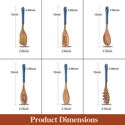 Vista 7 de Cucharas de madera para cocinar, 6 PCS utensilios de cocina de madera de acacia natural, juego de utensilios de cocina de madera antiadherente