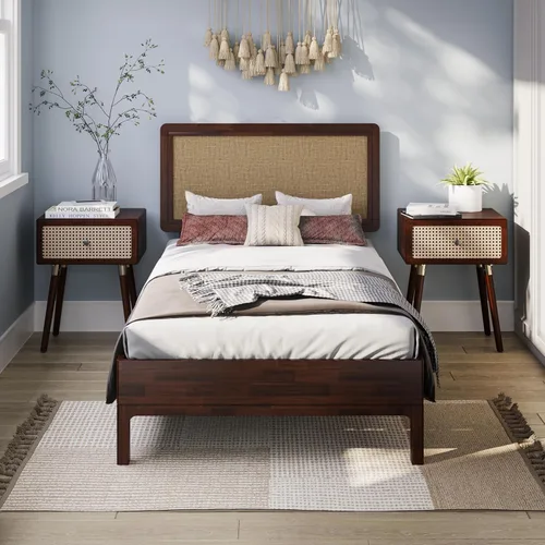 Bme Nipe - Base de cama bohemia de 14 pulgadas con cabecera tejida ajustable, estilo único rústico y vintage con madera de acacia, no necesita