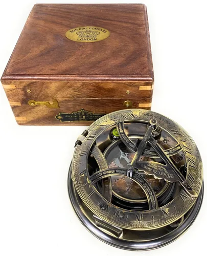 Vista 9 de Reloj de reloj de sol de latón grabado de 5 pulgadas, brújula grande con esfera solar en caja de palisandro, regalo vintage calibrado de grado