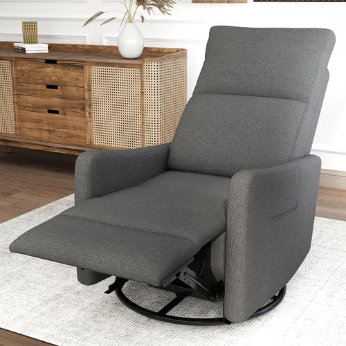 KEIKI Silla reclinable giratoria eléctrica, silla mecedora giratoria de 270° para adultos, silla reclinable mecedora tapizada de tela, silla