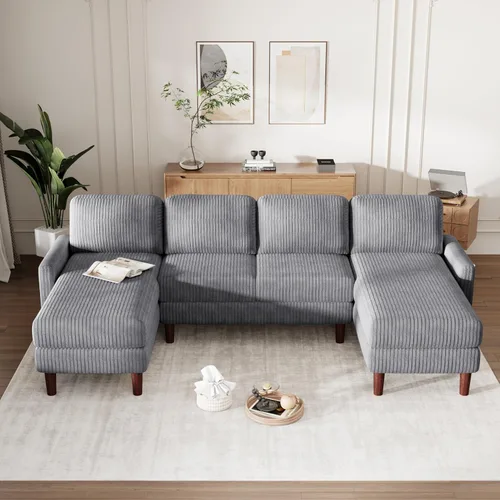 Vista 218 de Sofá modular de felpilla con tapicería en forma de L, sofá modular de 4 asientos con otomana extraíble y 5 almohadas para sala de estar, apartamento