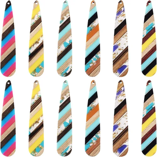 Vista 27 de Beadthoven - Dijes de madera de resina para bricolaje, colgantes de aretes de lágrima multicolor, triángulo, círculo redondo, rombo, barra