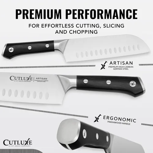 Vista 2 de Cutluxe Santoku – Cuchillo de 7" de corte, cuchillo para carne y verduras – Acero alemán forjado de alto carbono – Funda incluida – Espiga completa