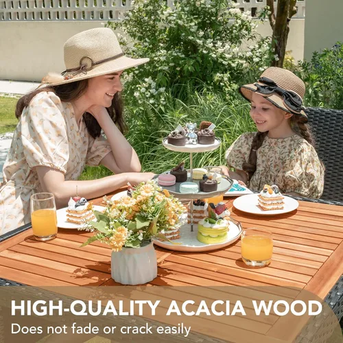 Vista 5 de Devoko Juego de 5 muebles, conversación de patio con parte superior de madera de acacia, mesa de comedor al aire libre de ratán y sillas para patio