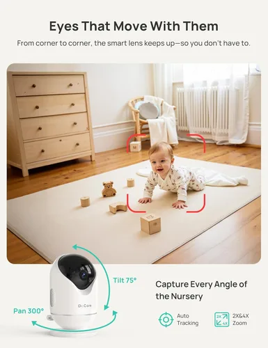 Vista 4 de Dr.Care VistaView 5” Cámara de seguridad inteligente WiFi para bebé con montaje de clip - Cámara HD 2K, control de aplicación, alertas de llanto